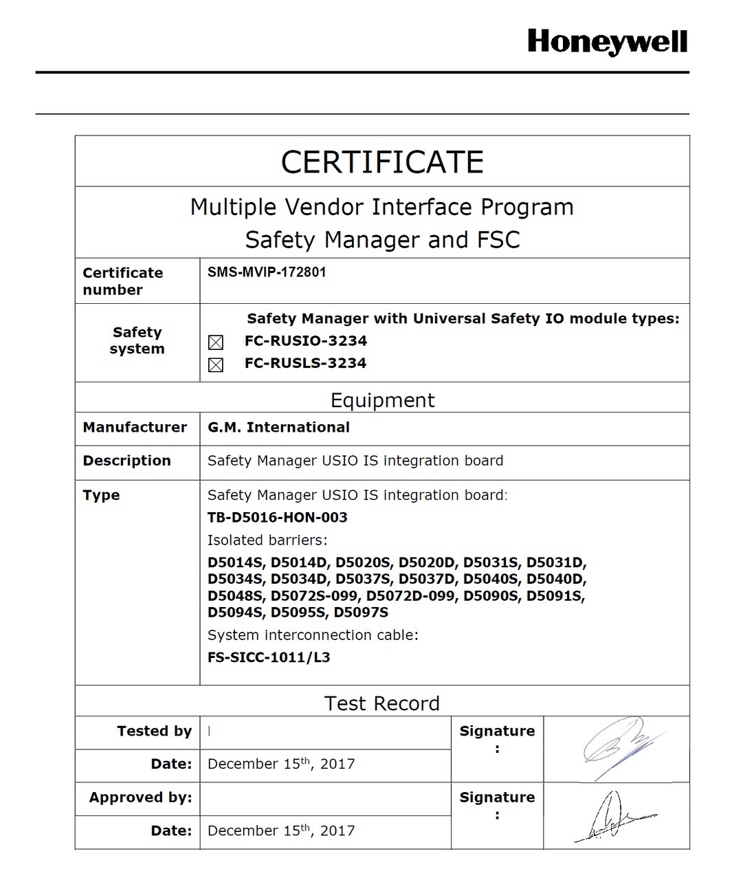 Honeywell has certified functional compatibility of GMI products